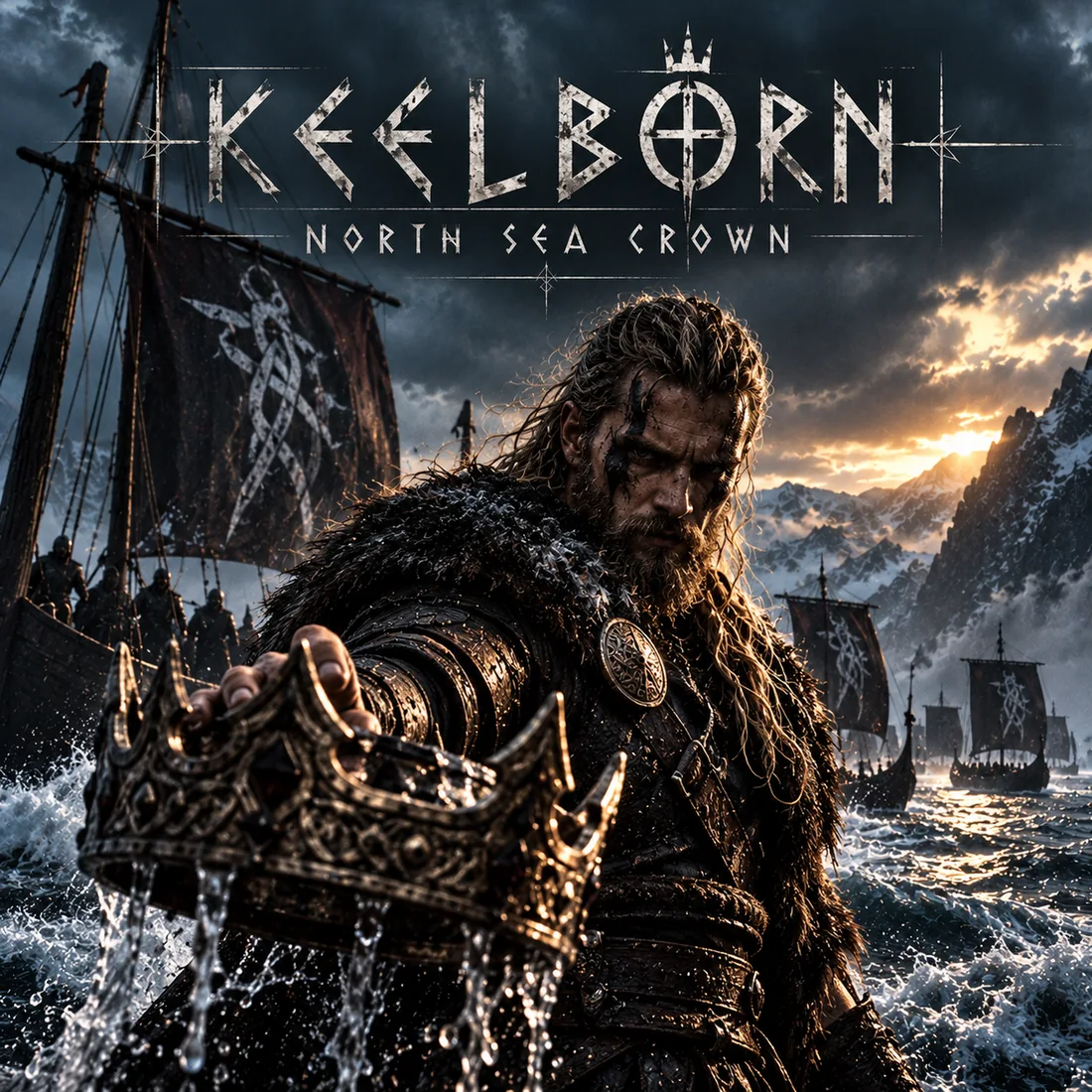 North Sea Crown artwork: a Viking holding a crown above stormy seas